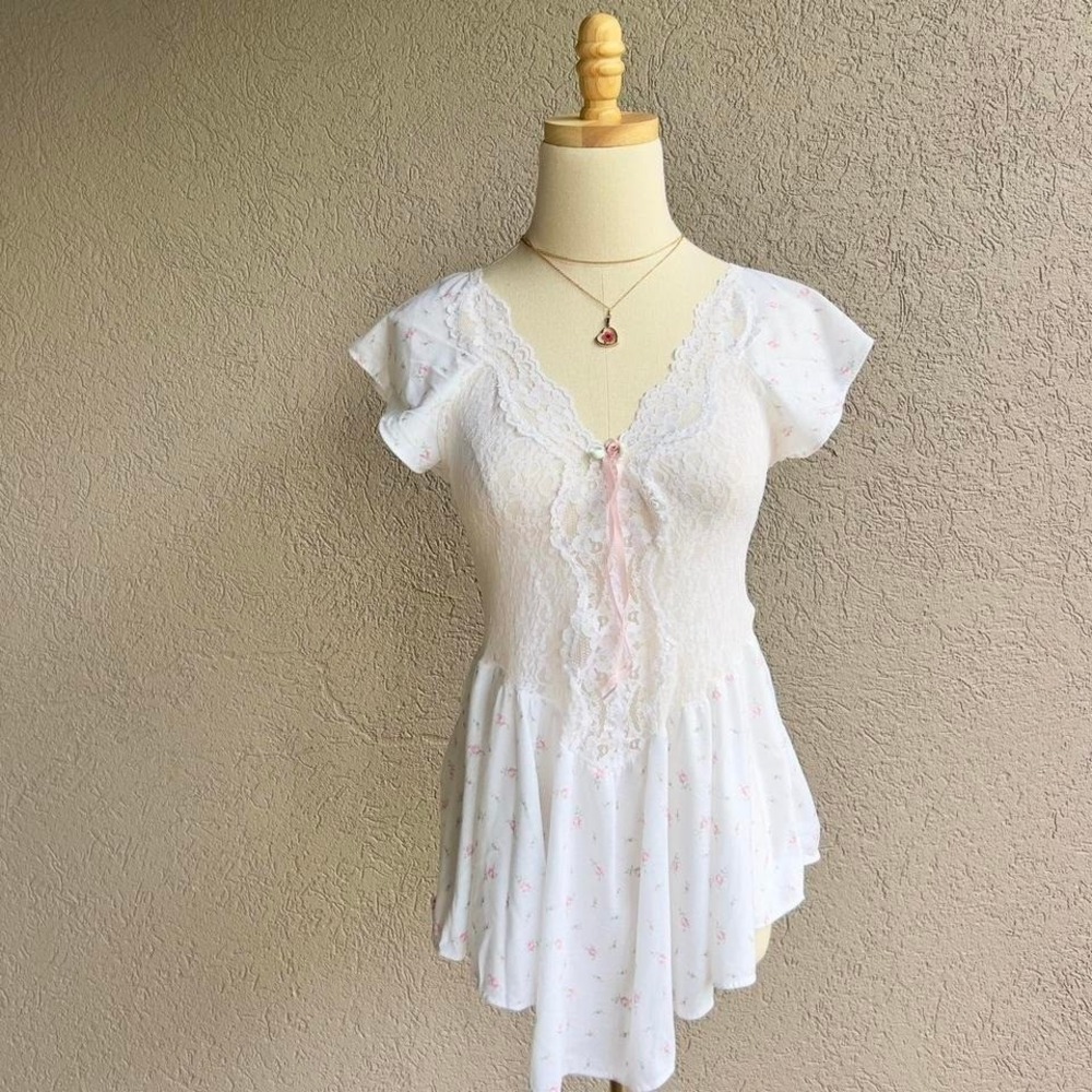 Vintage White & Pink Floral Lace Lingerie Top w/ Panties Set Coquette Cottage
